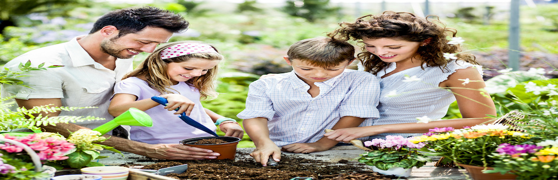 family have fun in the work  of gardening